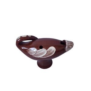 Vintage Norwegian Clay Bird Whistle Painted Whistler 3" x 4.5" Brown Pottery